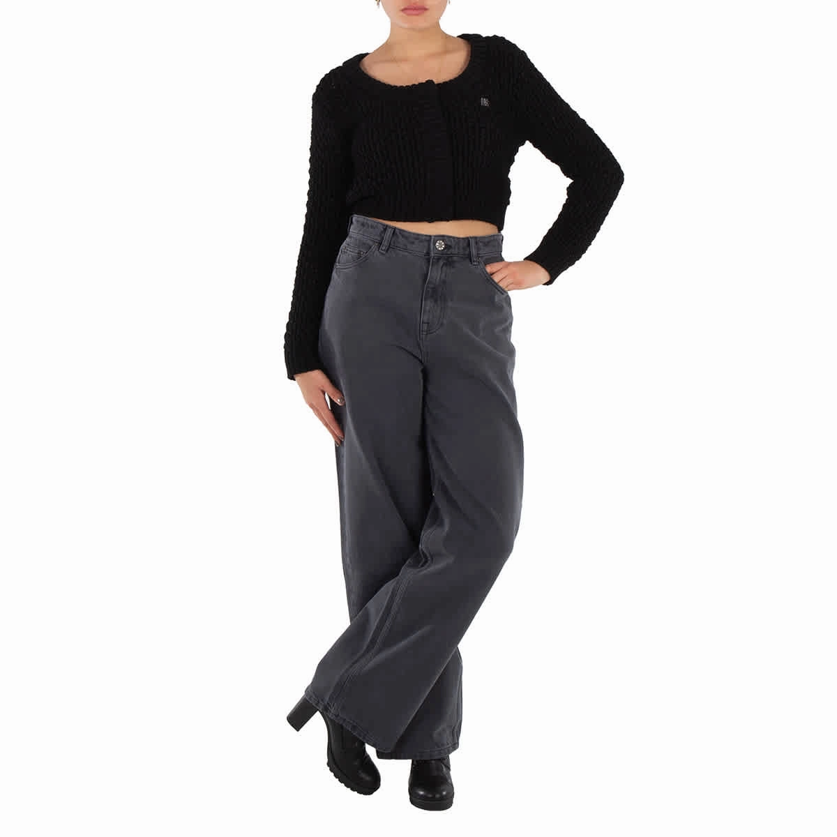 Rotate Black Chunky-Knit Cropped Cardigan Comfy Touch