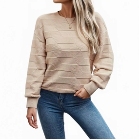 Comfortable Design Zero Waste Manufacturing Round Neck Knit Loose Long Sleeves Sweater In Beige
