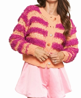 Effortless Comfort Warm Knit Design Roxie Stripe Cardigan In Tangerine/fuchsia