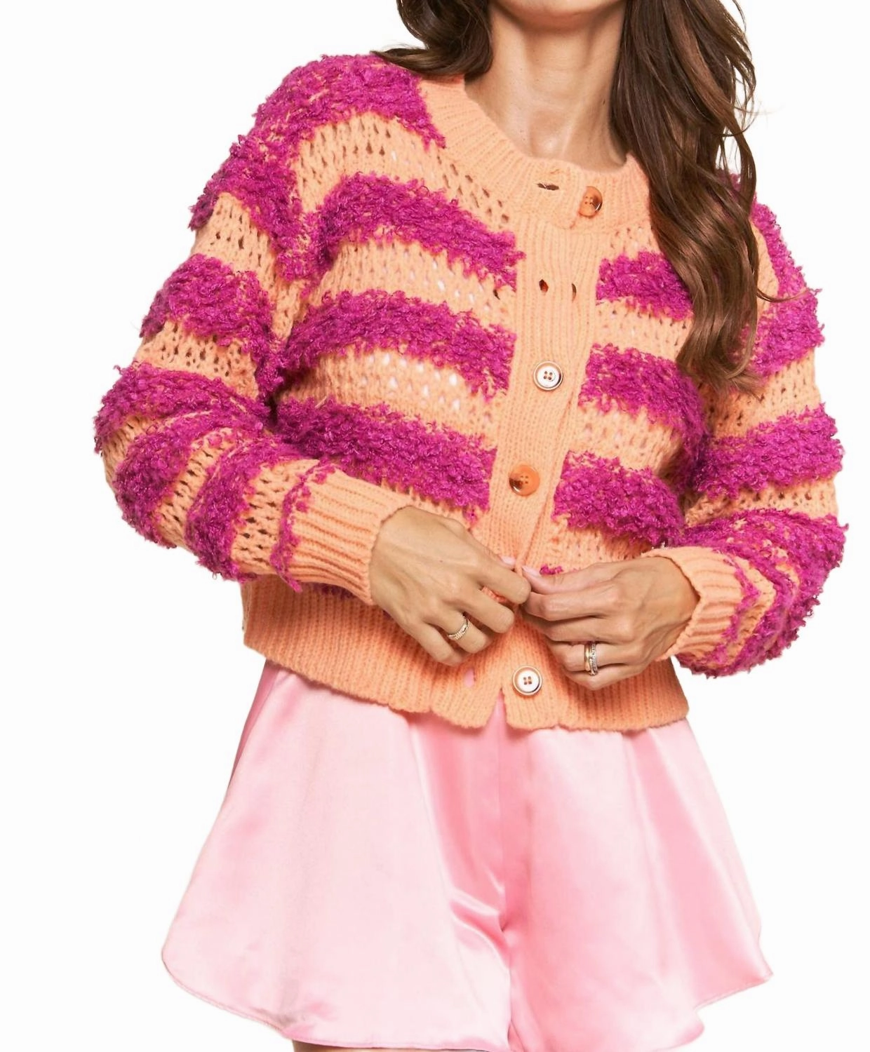 Winter-Ready Fashion Comfy Material Roxie Stripe Cardigan In Tangerine/fuchsia