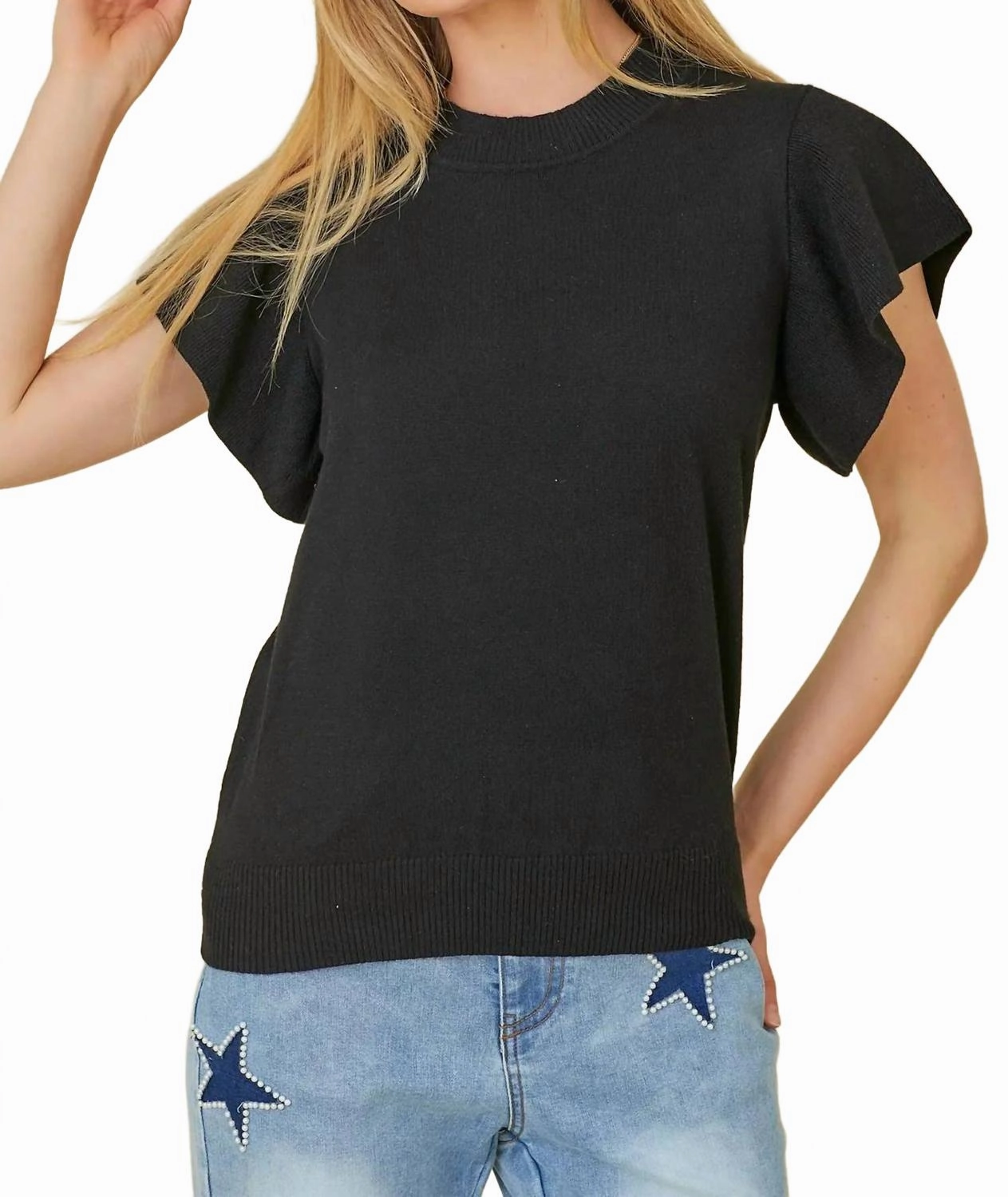 Basic Layer Eco Conscious Processing Ruffle Sleeve Sweater In Black