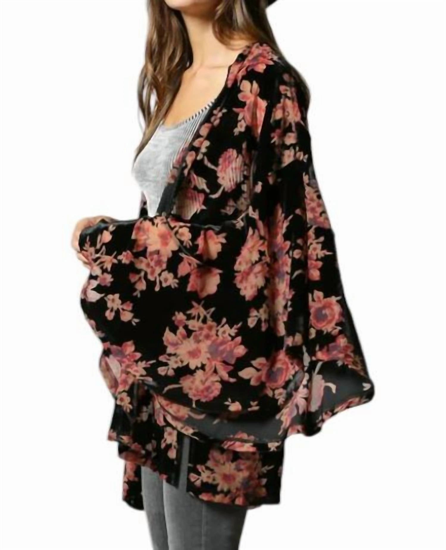 Brushed Interior Ruffled Detailed Floral Velvet Burnout Kimono In Black
