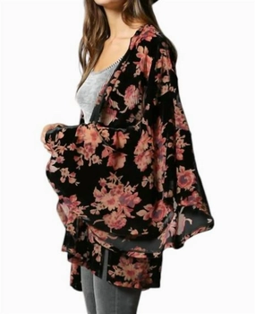 Brushed Interior Ruffled Detailed Floral Velvet Burnout Kimono In Black