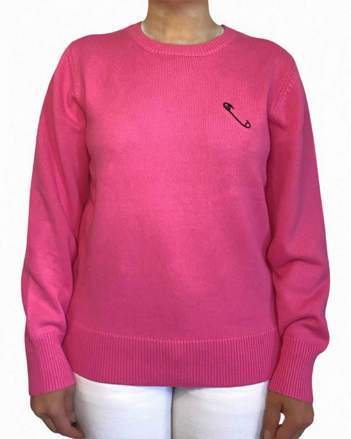 Cold Weather Fashion Safety Pin Sweater In Pepto Pink/black