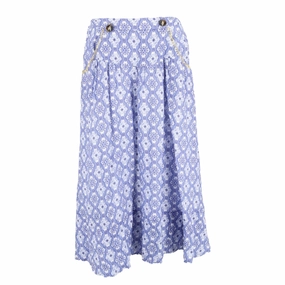 Saloni Della Floral-Embroidered Midi Skirt in Blue Linen Crisp Fit