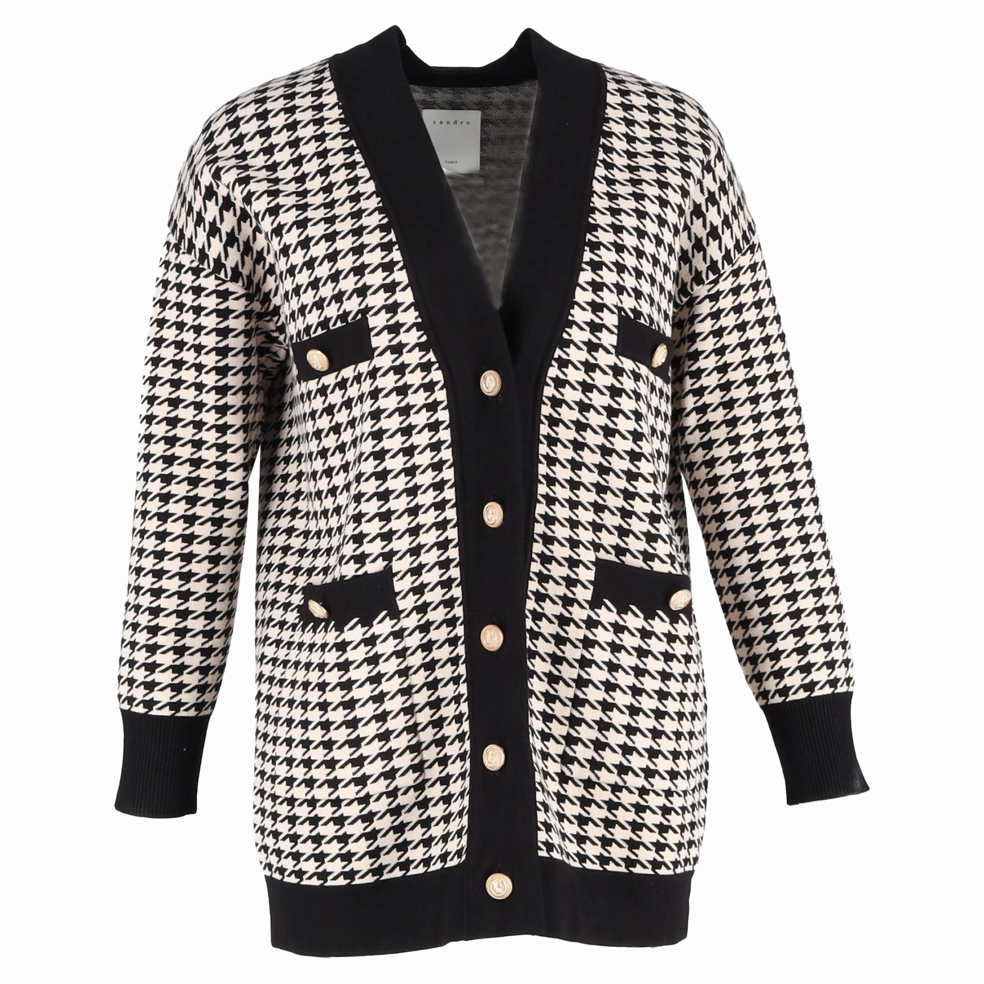 Sandro Dane Houndstooth Cardigan in Black Viscose Ribbed cuff Everyday Comfort Wear