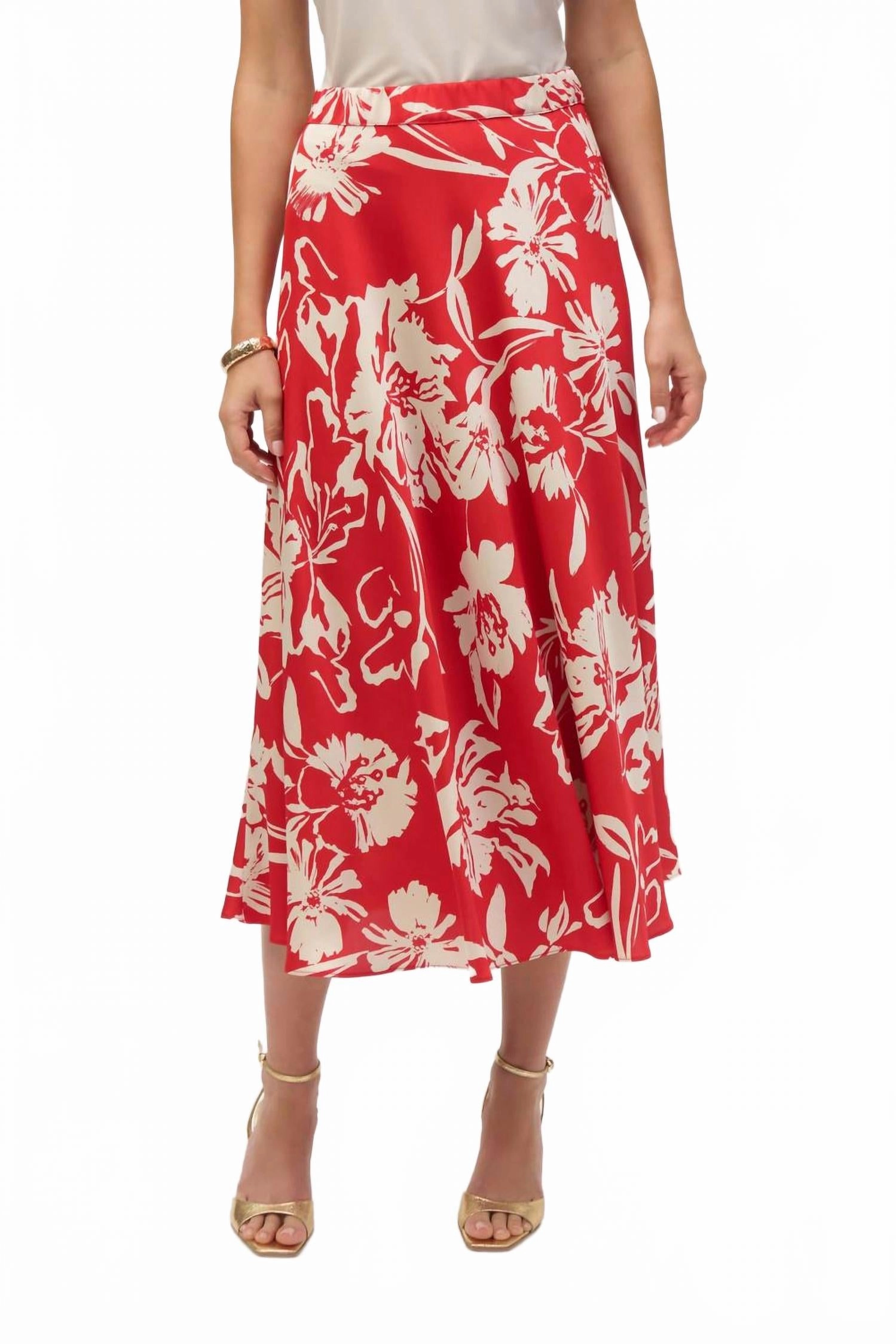 Satin Floral Print A-Line Skirt In Red/cream Timeless Touch Low Maintenance Fabric