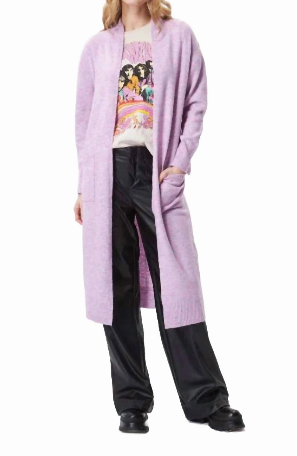 Brushed Interior Everyday Chic Renn Long Open Knit Cardigan In Purple Rhapsody