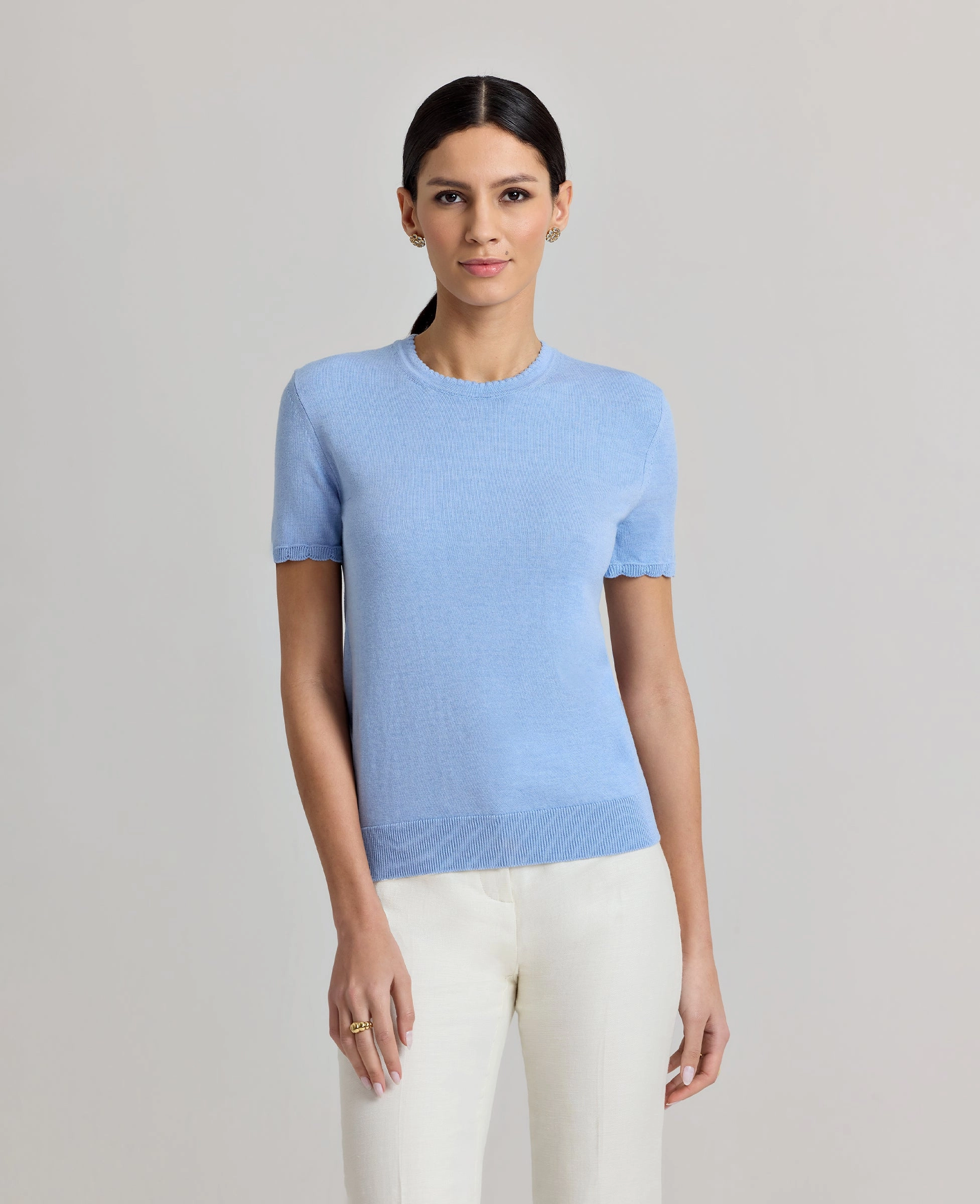 Selina Short Sleeve Knitted Tee DoubleLayered Edging Flexible Seam Structure