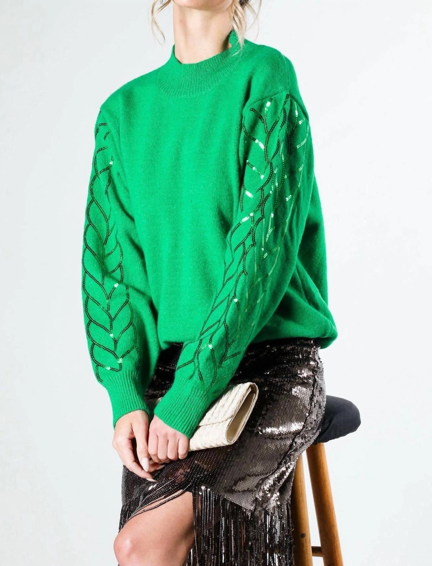 Ergonomic Sleeve Shape Perfect for Layering Sequin Detail Sweater In Green