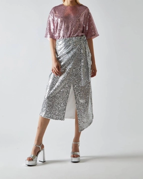 Twist Front Design Hip Skimming Sequin Wrap Midi Skirt In Silver