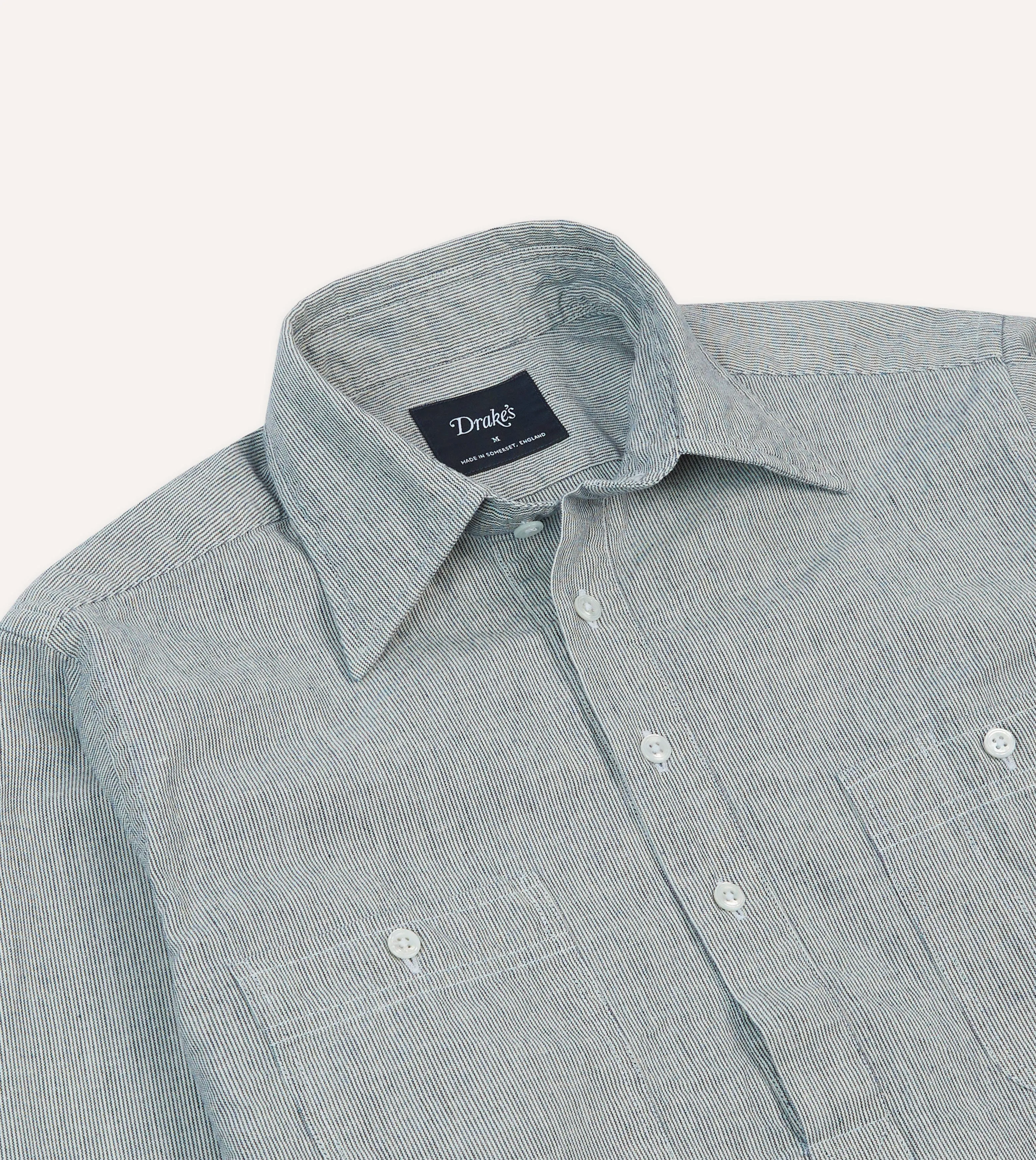 Blue Hickory Stripe Cotton Long Point Collar Popover Shirt Seamless Side Panels Sleepwear