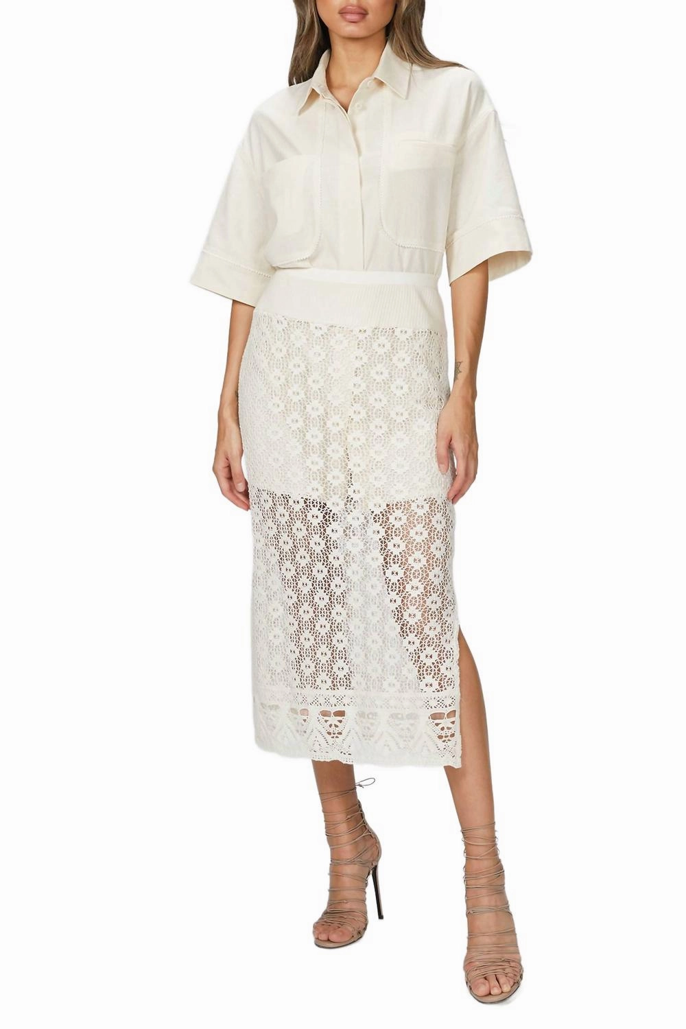 Shirt And Crochet Lace Skirt Set In Natural Beige High End Quality