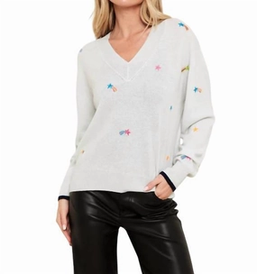 Shooting Star V Neck Sweater Top In Pearl Blue Double Layered Collars