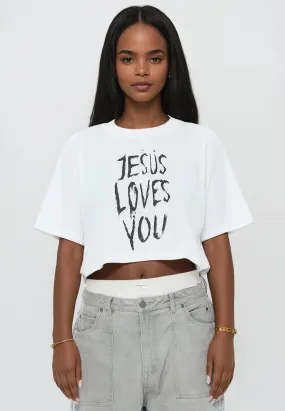 Casual Layer Look Soft and Flexible JESUS LOVES YOU CROP TOP WHITE