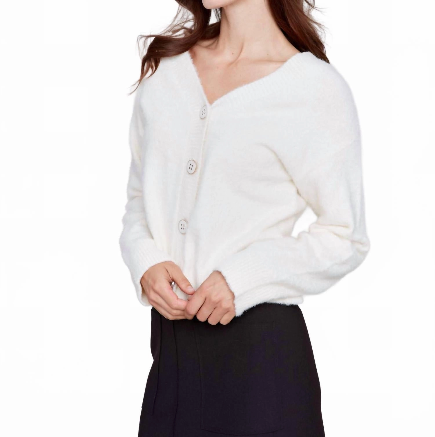 Knitwear Choice Short Fuzzy Knit Cardigan In Ecru
