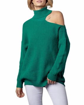 Knitted Layering Functional Layer Shoulder-Baring Turtleneck Sweater In Forest Green