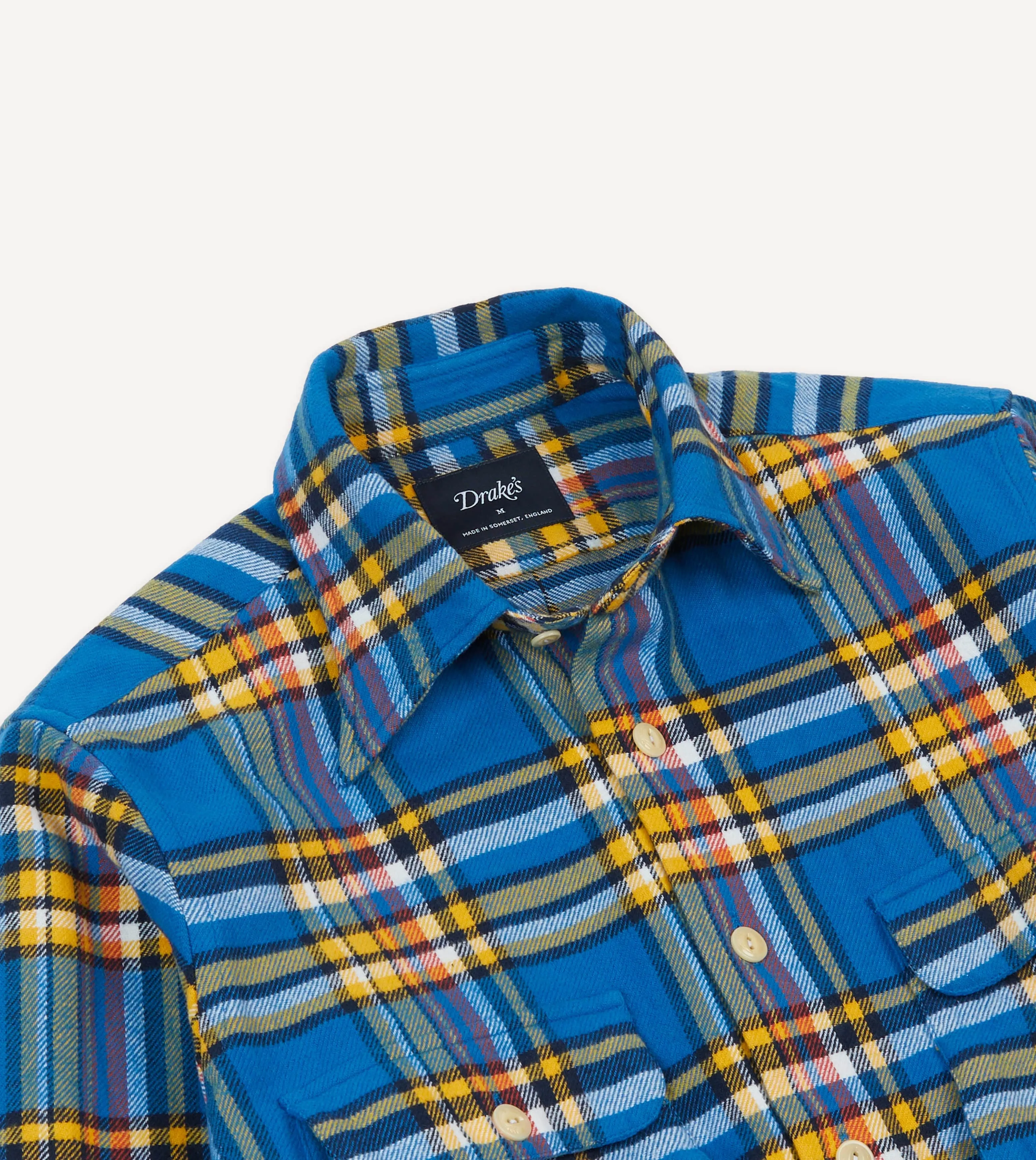 Blue and Yellow Check Brushed Cotton Two-Pocket Work Shirt Odorless Binding Tape