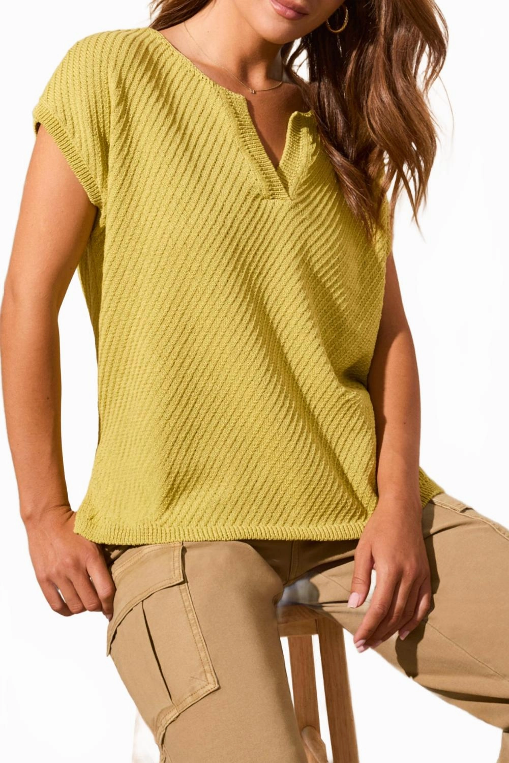 Functional Wear Side-Slit V-Neck Sweater With Extended Shoulders In Starfruit