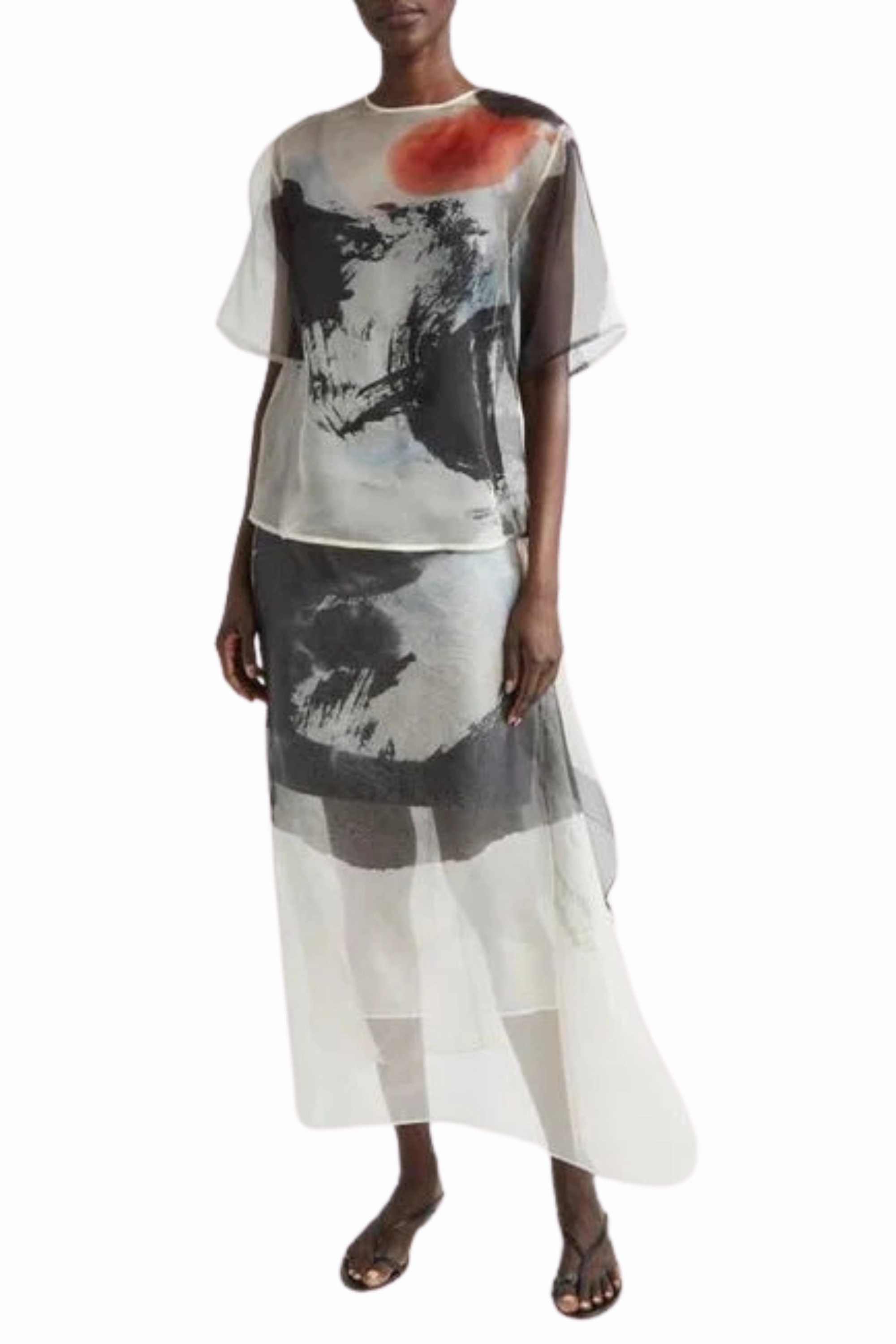 Invisible Seams SILK ORGANZA PRINTED MIDI SKIRT WITH ARTWORK BY TONG YANG-TZE