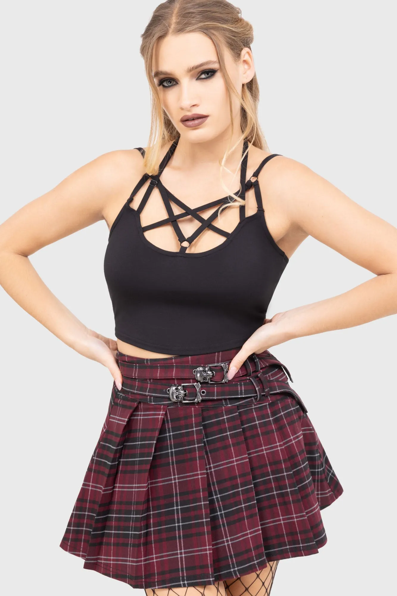 Semi Sheer Tartan Riot Skirt [BURGUNDY]