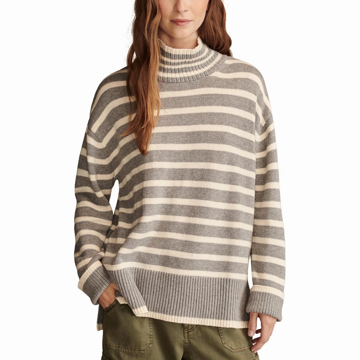 Womens Striped Ribbed Knit Mock Turtleneck Sweater Cozy Knit Touch
