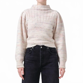 Seasonal piece Wrinkle Resistant Knit Claudia Turtleneck Puff Sleeve Sweater In Confetti Marl