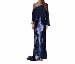 Sequin Skirt In Navy Nights Button Fastenings
