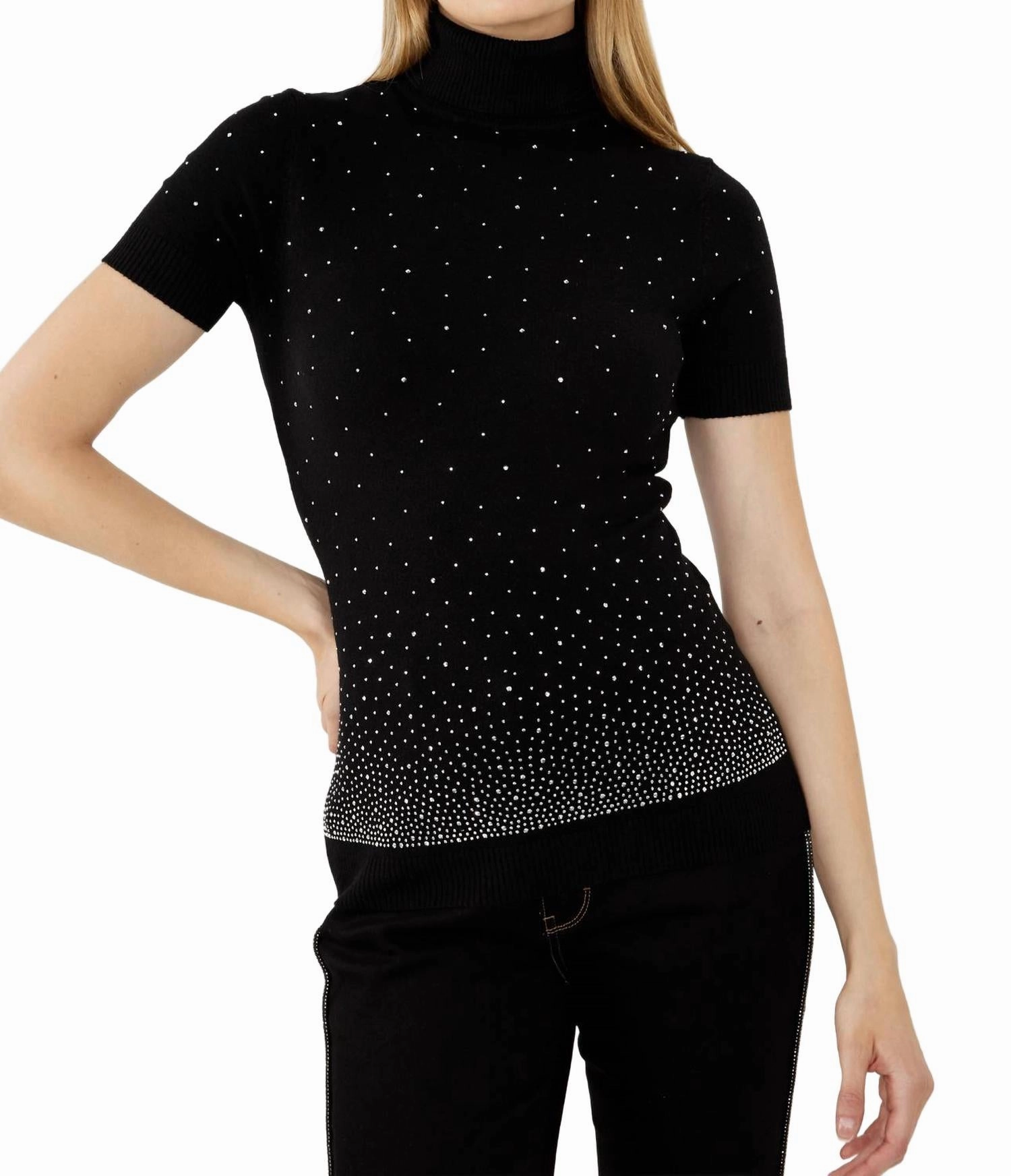 Fitted Polka Dot Knit Top In Black/silver Side Slit Design