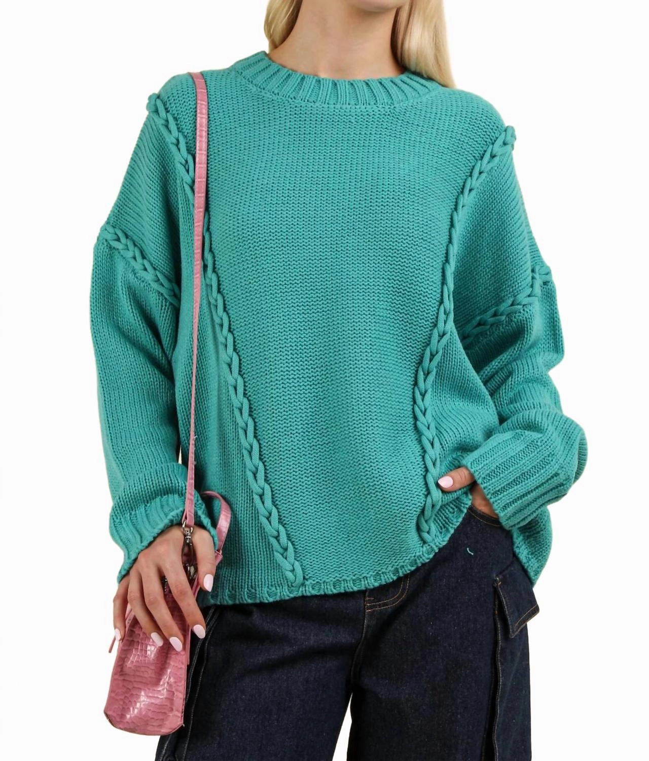 Colorfast Technology Chunky Braid Oversized Sweater In Teal