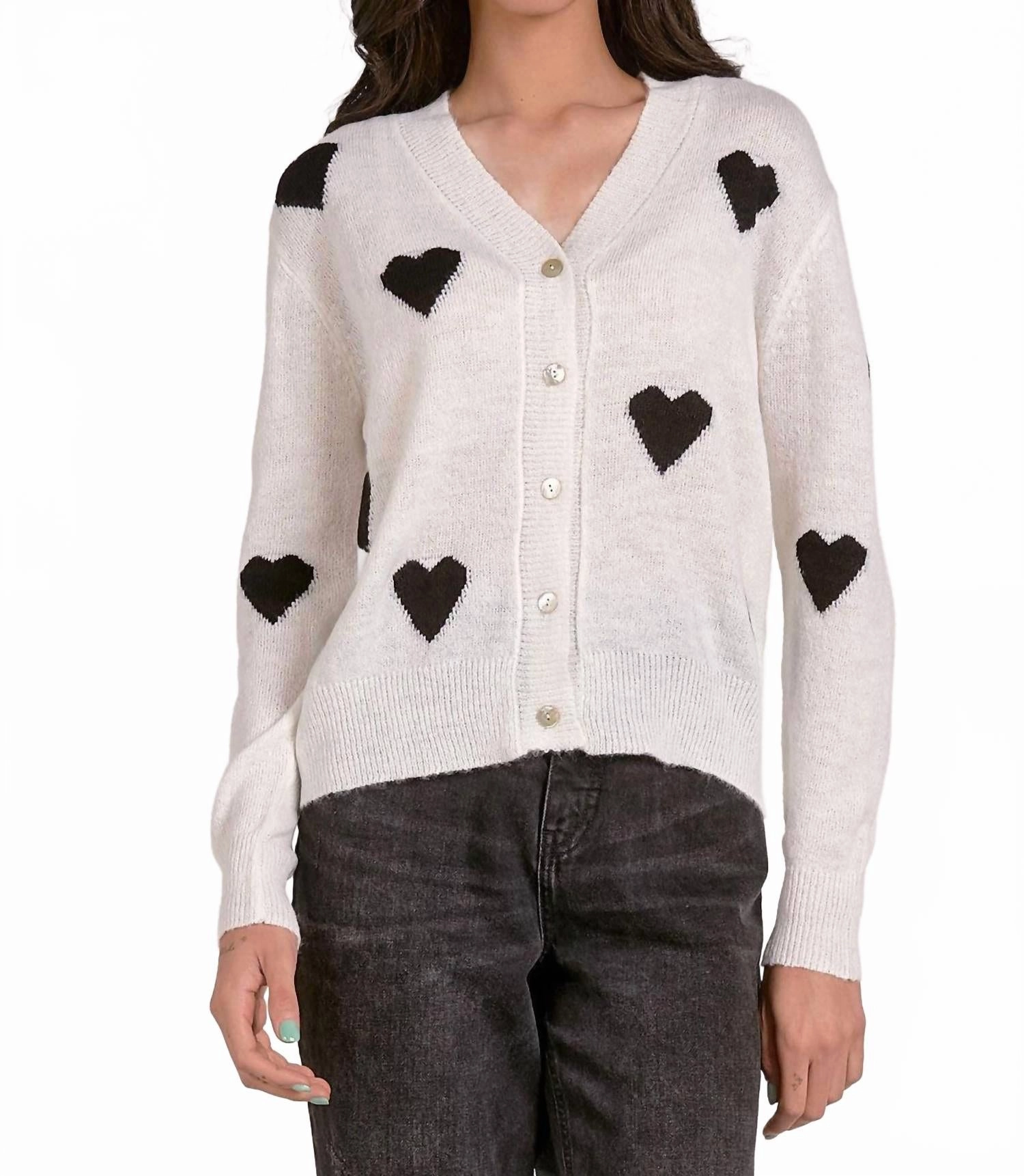 Fashionable knitwear Breathable Open Weave Hearts Cardigan In White/ Black Hearts