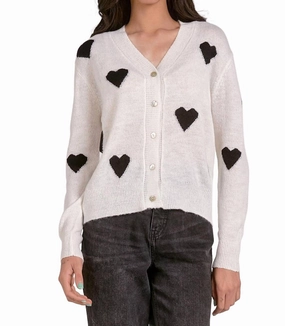 Fashionable knitwear Breathable Open Weave Hearts Cardigan In White/ Black Hearts