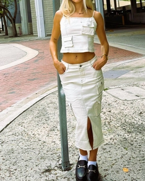 Soft Combo Sporty Casual Sadler Utility Cargo Midi Skirt In Cream