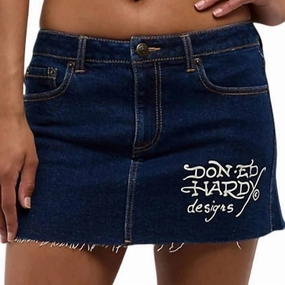 Chill Vibe Daytime Look Tattoo Collage Dark Denim Cutoff Mini Skirt In Dark Wash