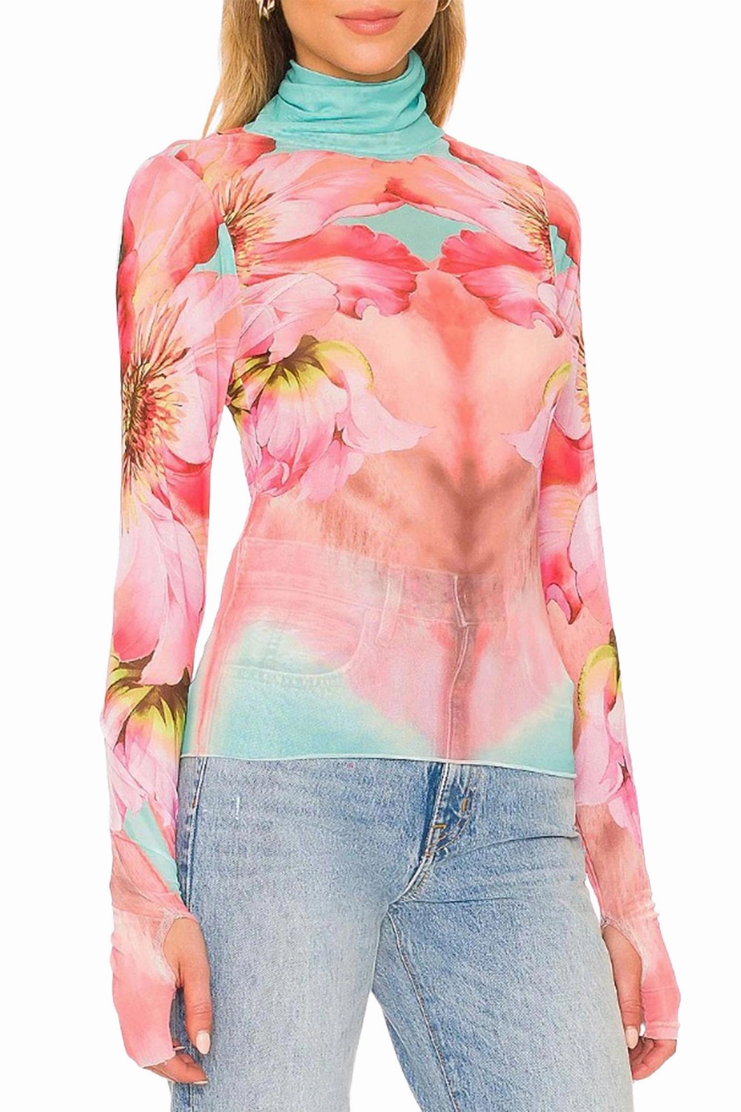 Waffle Knit Comfy Wear Zadie Power Mesh Turtleneck Top In Coral Daffodil Sub