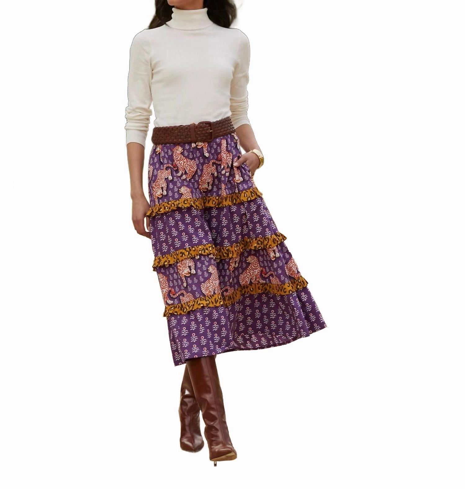 Now Or Later Tiger Queen Skirt In Purple/brown/black Weekend Vibes