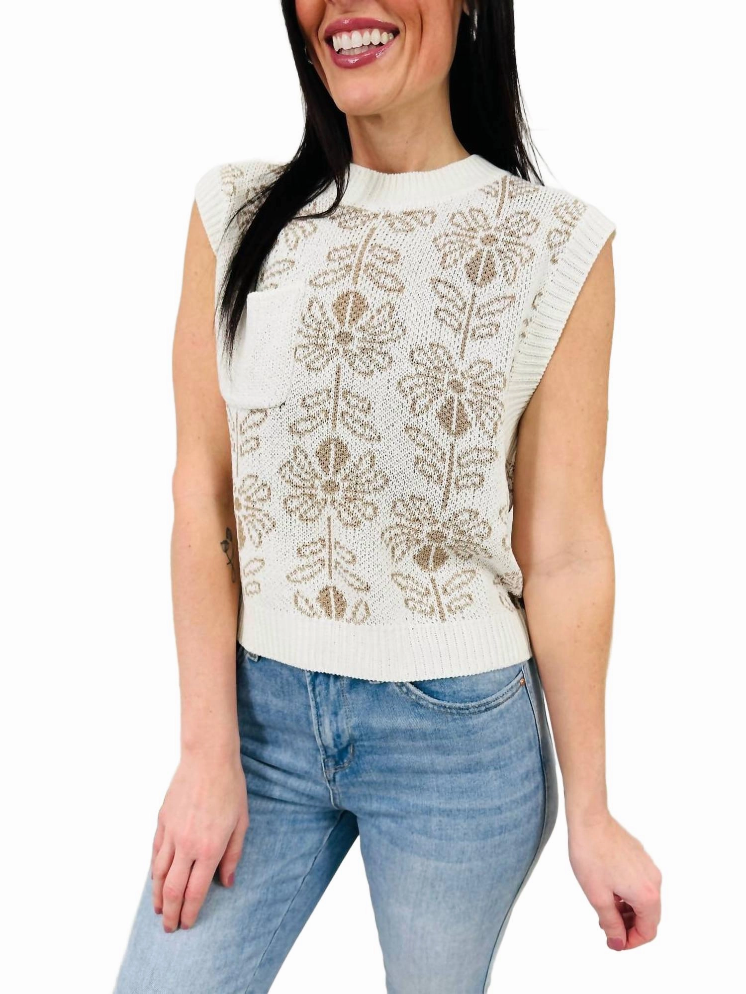 Sleeveless Floral Sweater In Brown Butter Lightweight Knit