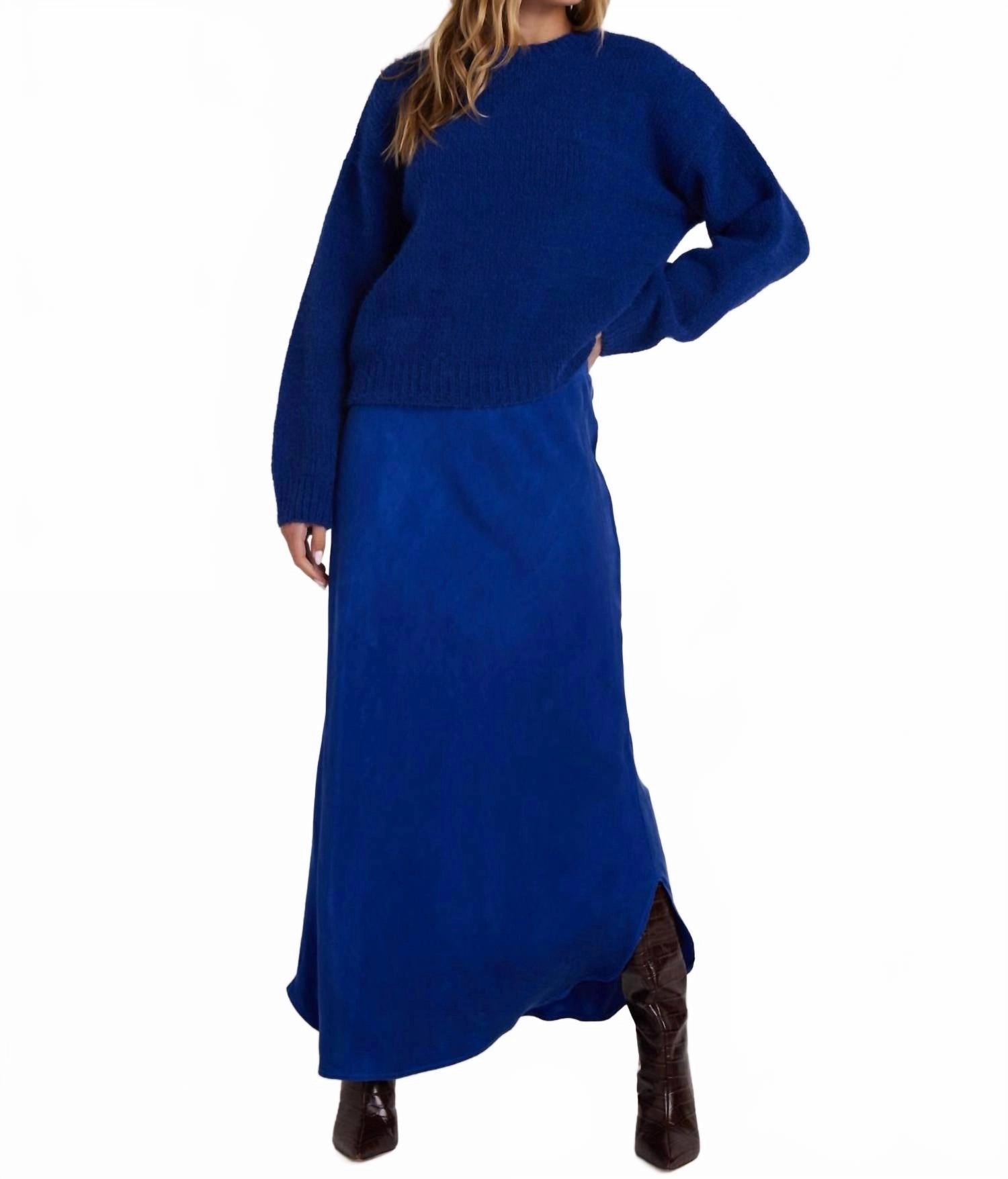 Side Pockets Asymmetric Side Slit Bias Skirt In Blue