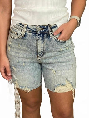 High Waisted Mineral Wash Destroy Boyfriend Shorts In Blue garden work