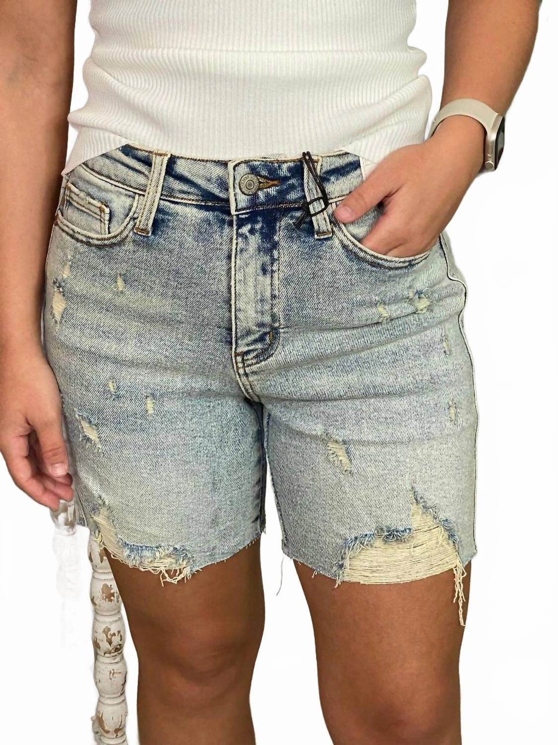 High Waisted Mineral Wash Destroy Boyfriend Shorts In Blue Teflon Coated Finish