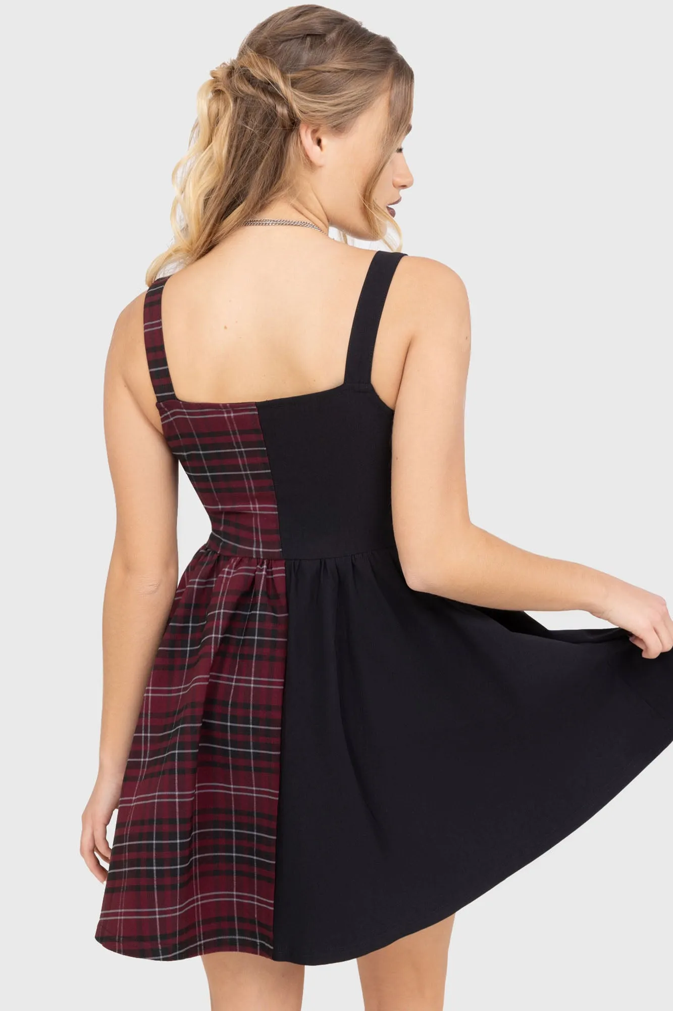 Minimal Curve Tartan Marie Zip Dress [BURGUNDY]