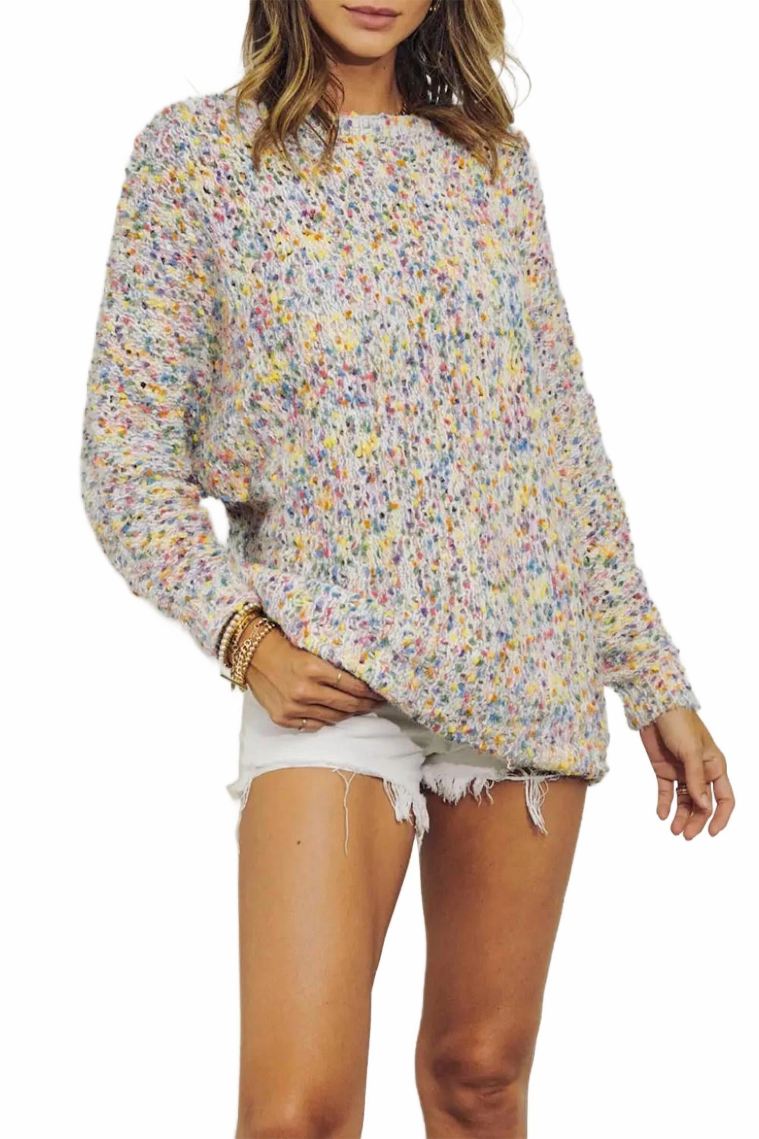 Trendy Winter Ergonomic Sleeve Engineering Rainbow Dots Oversized Sweater In White
