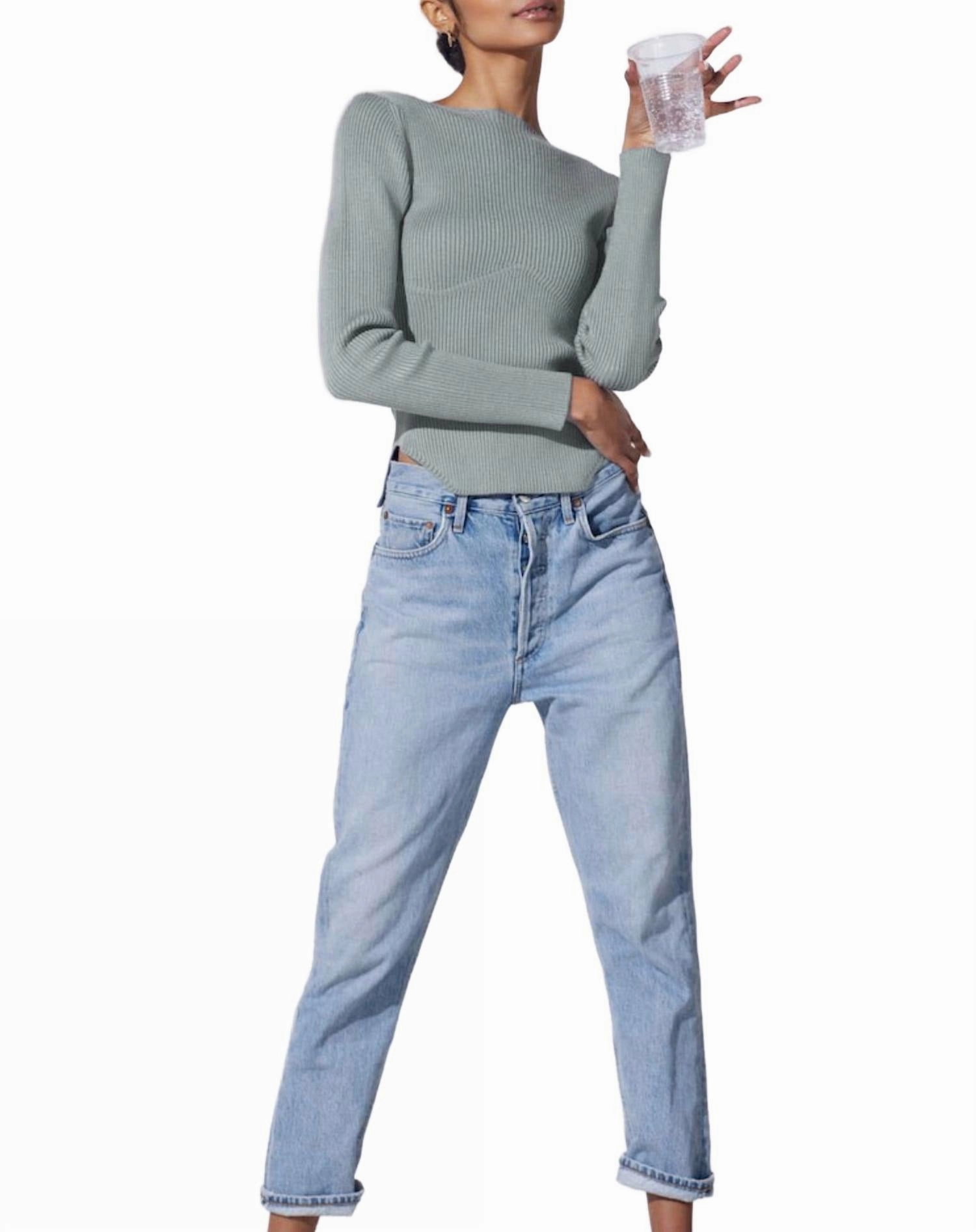 Layered Wear Snuggle Style Domo Ribbed Viscose-Crepe Sweater Top In Fog