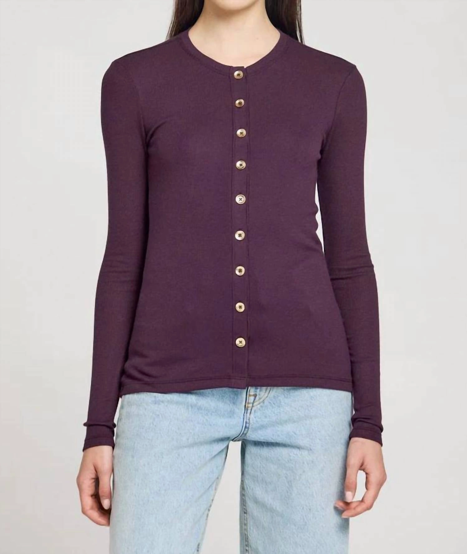 Reinforced Cuffs Marina Ribbed Cardigan In Aubergine