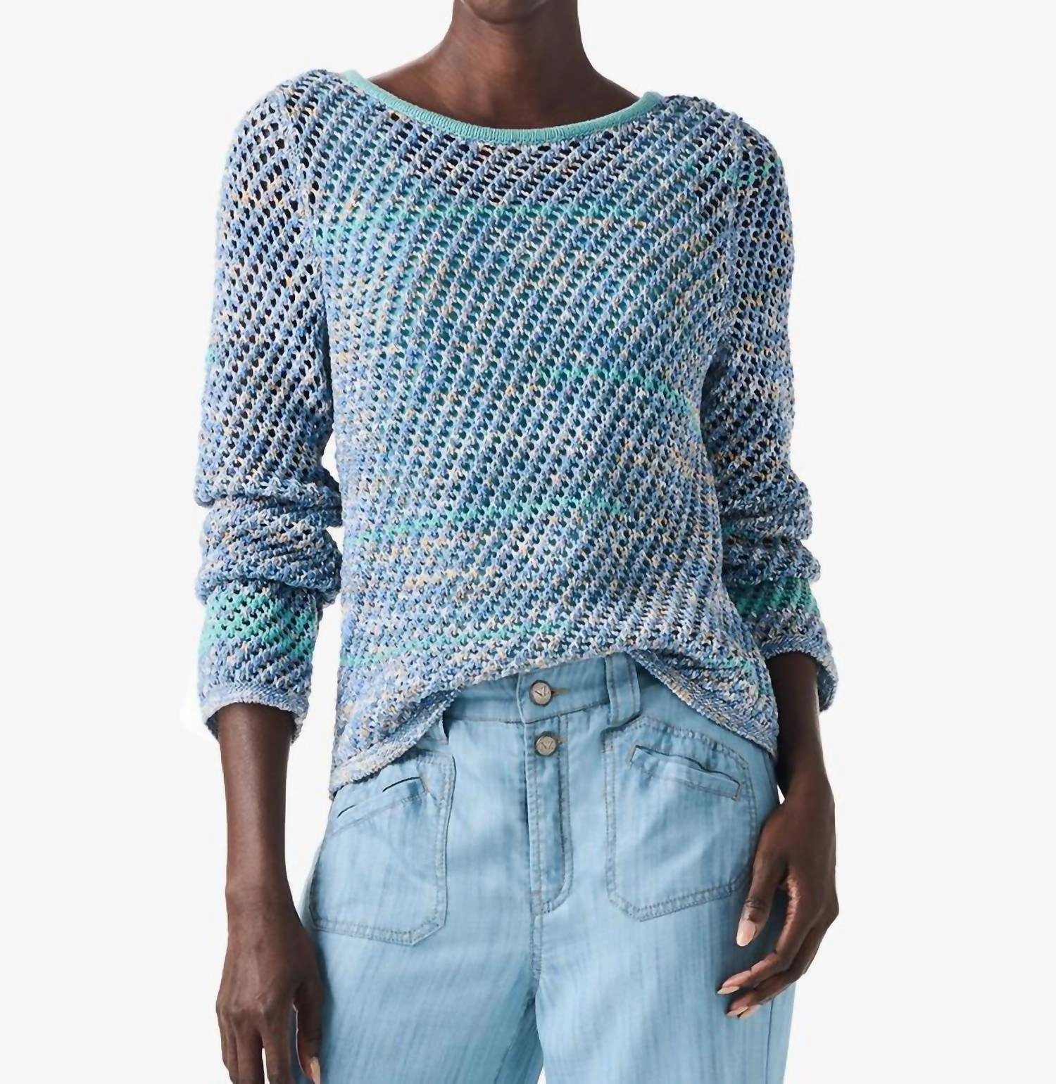 Warm Knit Design Crochet Surf Sweater In Blue Mix