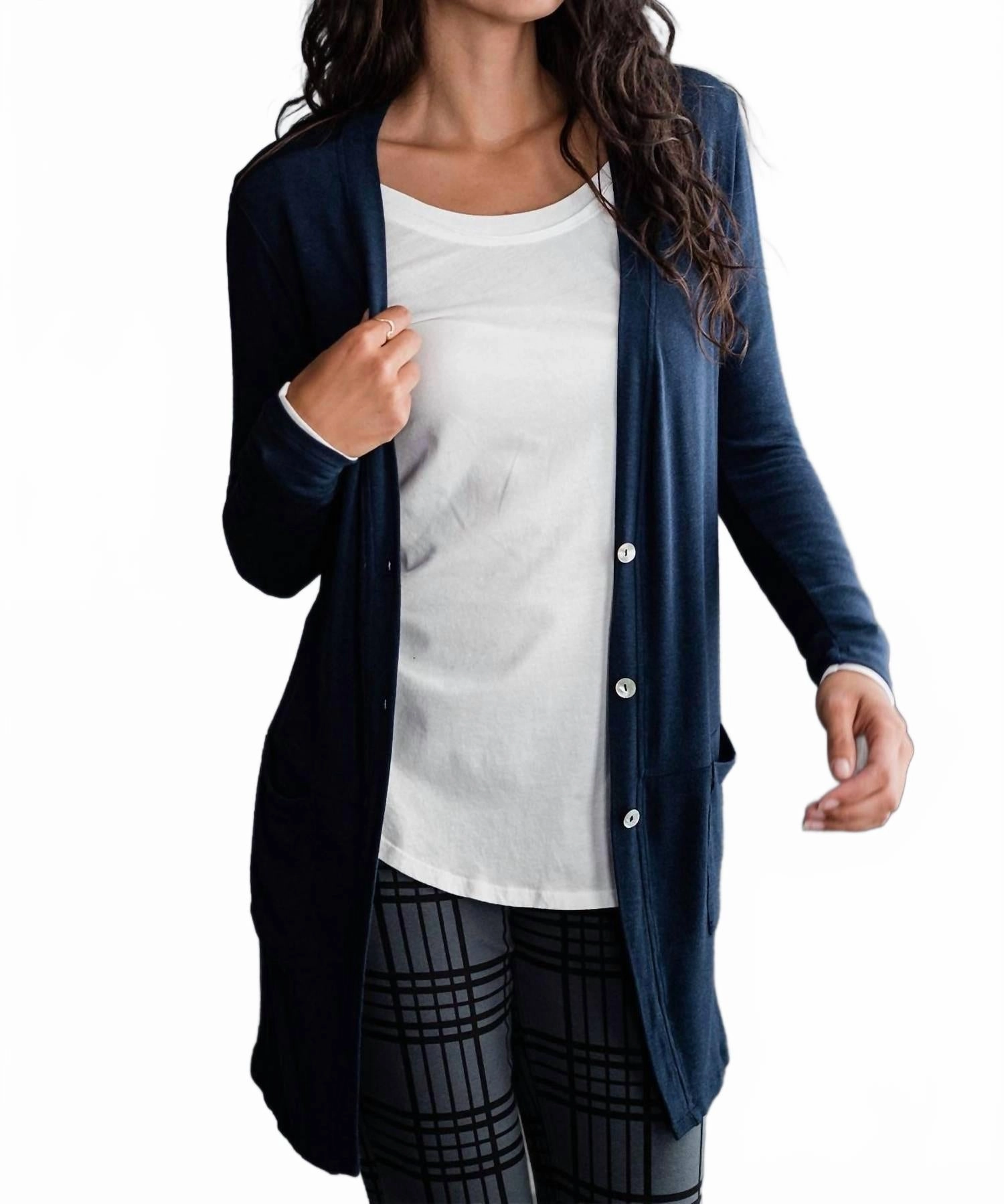 Stretchable Cuff Leslie Long Sleeve Oversize Bamboo Cardigan In Navy Heather