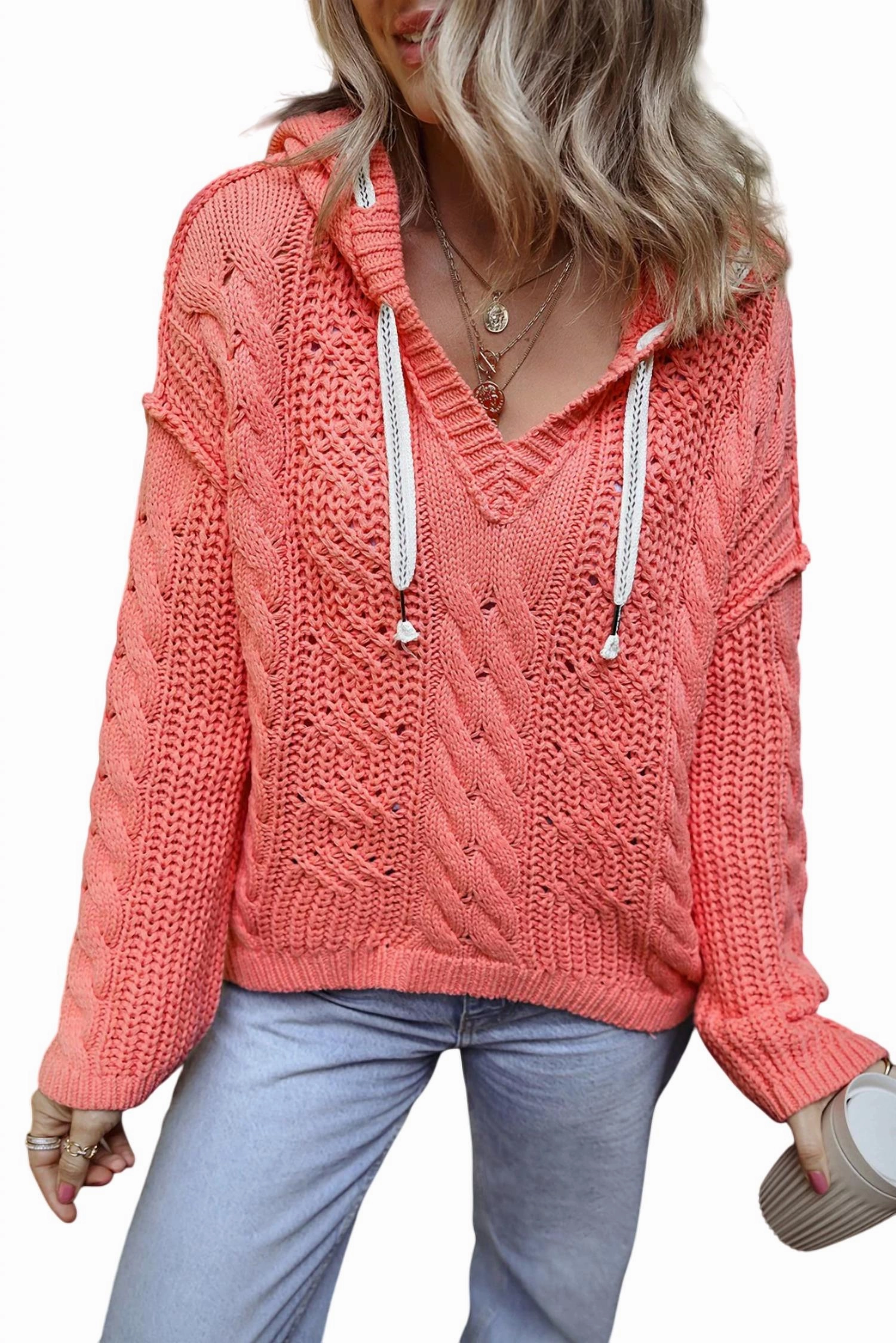 Soft Knit Piece Chilly Comfort Look Coral Knit Drawstring Hooded Sweater In Strawberry
