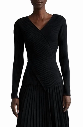 Wrapped-Front Ribbed Sweater In Black Casual Wear
