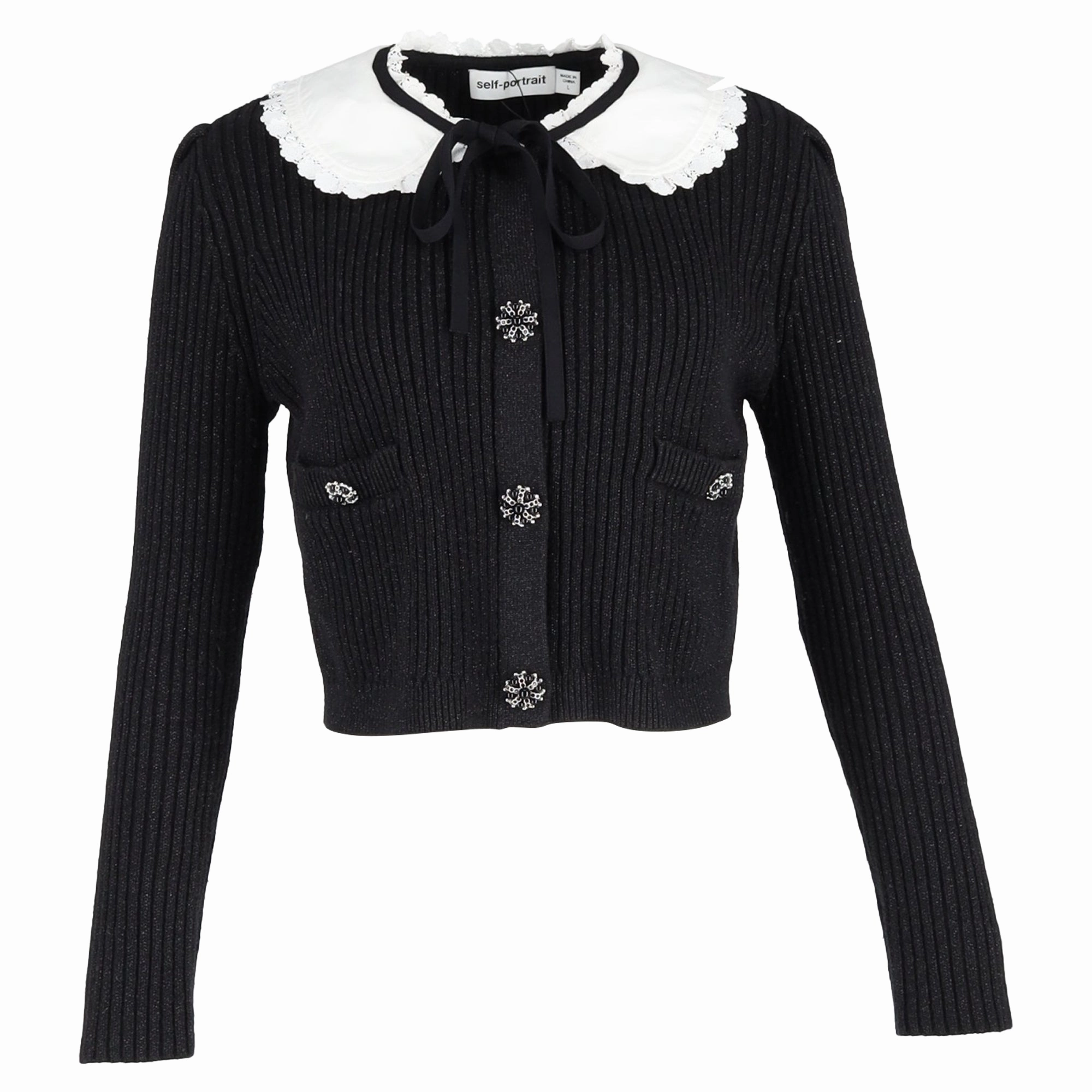 Self-Portrait Collared Metallic-Weave Cardigan in Black Cotton Smart Style