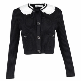 Self-Portrait Collared Metallic-Weave Cardigan in Black Cotton Smart Style